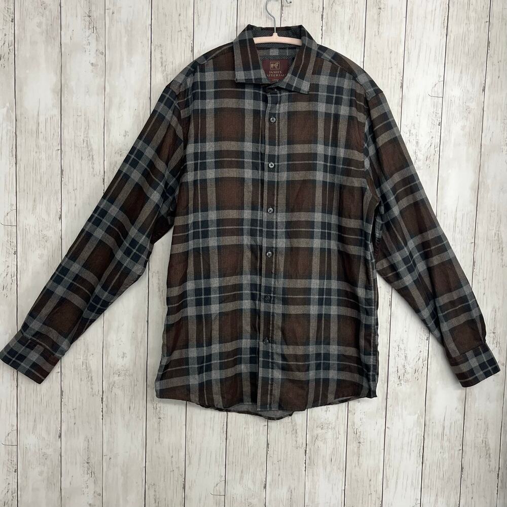 James Tattersall Brown Gray Plaid Soft Microfiber Button Down Shirt Men’s Large